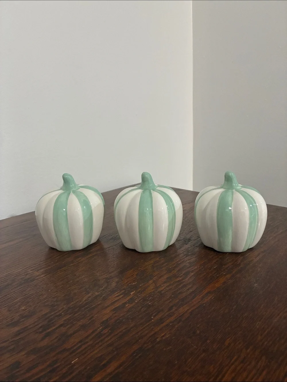 NWT- Set of 3- White & Mint Green Stripe Ceramic Pumpkins
